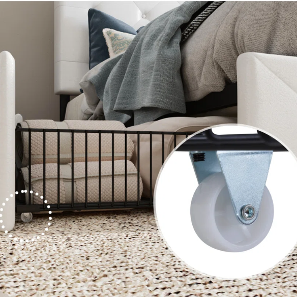 White faux leather queen bed with diamond-tufted adjustable headboard and four underbed storage drawers.

