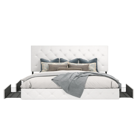 White faux leather queen bed with diamond-tufted adjustable headboard and four underbed storage drawers.

