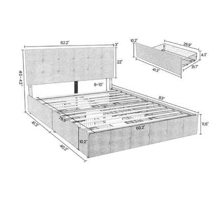 White faux leather queen bed with diamond-tufted adjustable headboard and four underbed storage drawers.

