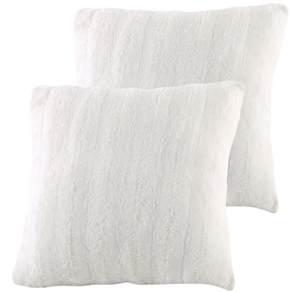 Set of two white faux fur throw pillows, 18x18 inches, square plush decorative cushions with microfiber fill—perfect for modern, minimalist, or cozy home interiors

