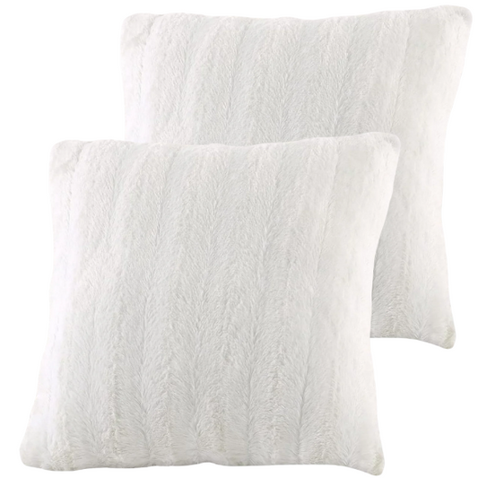 Set of two white faux fur throw pillows, 18x18 inches, square plush decorative cushions with microfiber fill—perfect for modern, minimalist, or cozy home interiors

