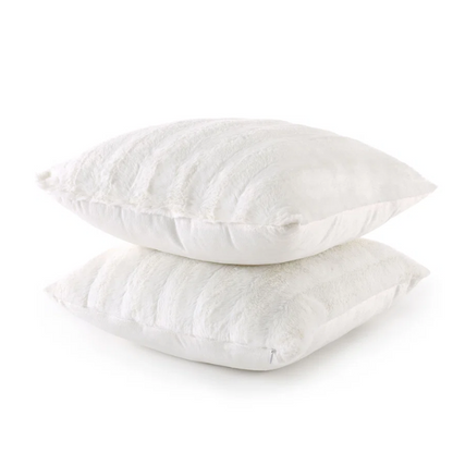 Set of two white faux fur throw pillows, 18x18 inches, square plush decorative cushions with microfiber fill—perfect for modern, minimalist, or cozy home interiors

