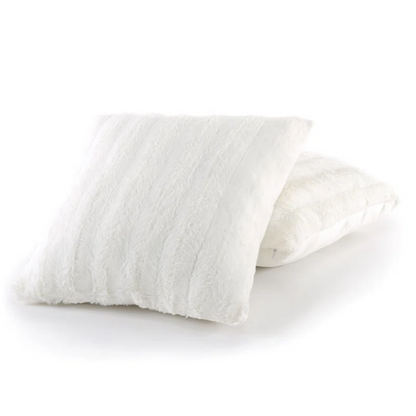 Set of two white faux fur throw pillows, 18x18 inches, square plush decorative cushions with microfiber fill—perfect for modern, minimalist, or cozy home interiors

