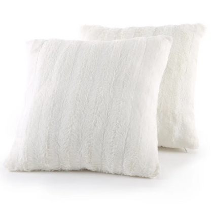 Set of two white faux fur throw pillows, 18x18 inches, square plush decorative cushions with microfiber fill—perfect for modern, minimalist, or cozy home interiors

