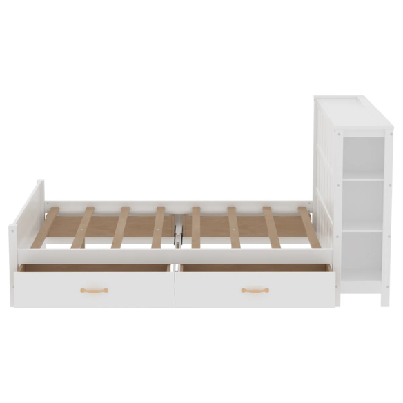 White full size platform bed with four underbed storage drawers, integrated headboard shelving, and solid wood slat support