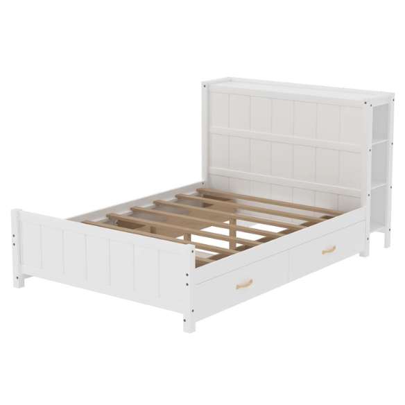 White full size platform bed with four underbed storage drawers, integrated headboard shelving, and solid wood slat support