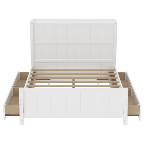 White full size platform bed with four underbed storage drawers, integrated headboard shelving, and solid wood slat support