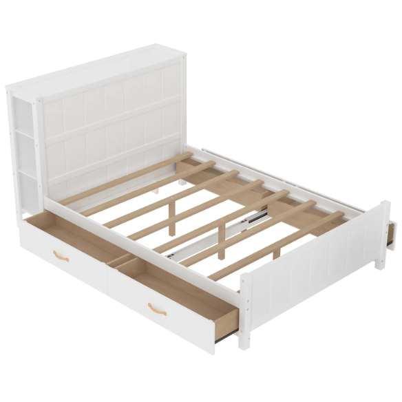 White full size platform bed with four underbed storage drawers, integrated headboard shelving, and solid wood slat support