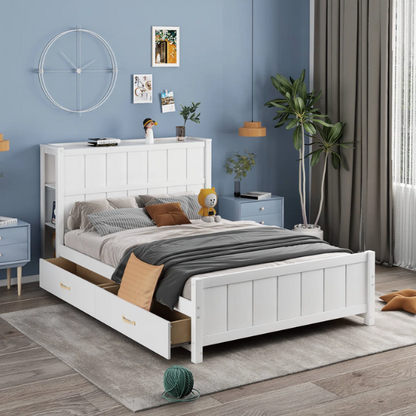White full size platform bed with four underbed storage drawers, integrated headboard shelving, and solid wood slat support