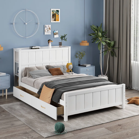 White full size platform bed with four underbed storage drawers, integrated headboard shelving, and solid wood slat support
