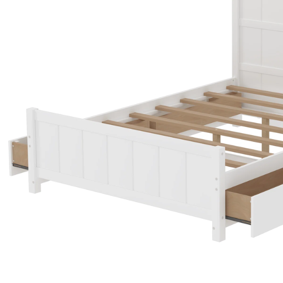 White full size platform bed with four underbed storage drawers, integrated headboard shelving, and solid wood slat support