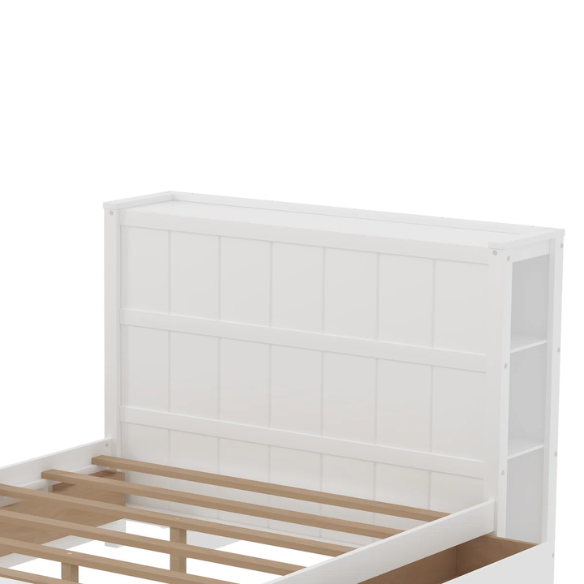 White full size platform bed with four underbed storage drawers, integrated headboard shelving, and solid wood slat support