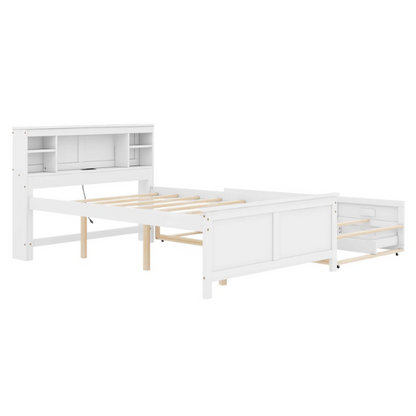White full size platform bed with rectangular headboard featuring USB ports, three underbed drawers, and a pull-out twin trundle bed for added sleeping space.

