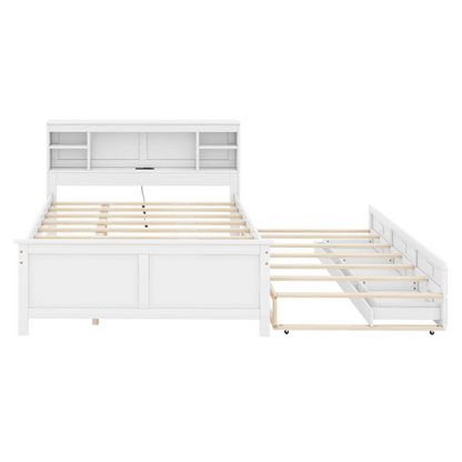 White full size platform bed with rectangular headboard featuring USB ports, three underbed drawers, and a pull-out twin trundle bed for added sleeping space.


