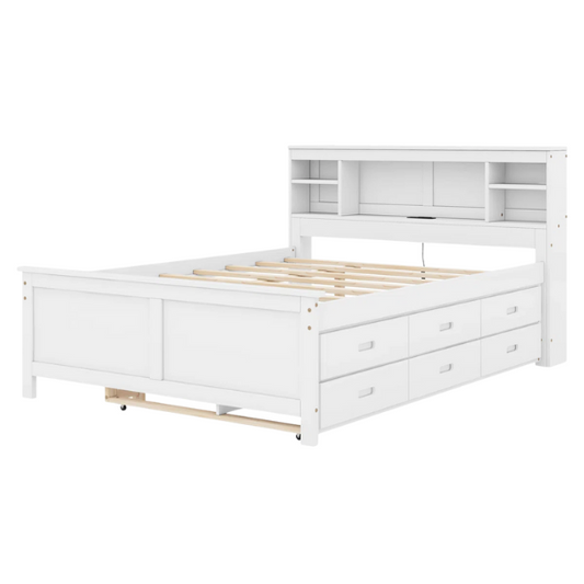 White full size platform bed with rectangular headboard featuring USB ports, three underbed drawers, and a pull-out twin trundle bed for added sleeping space.

