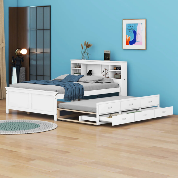 White full size platform bed with rectangular headboard featuring USB ports, three underbed drawers, and a pull-out twin trundle bed for added sleeping space.

