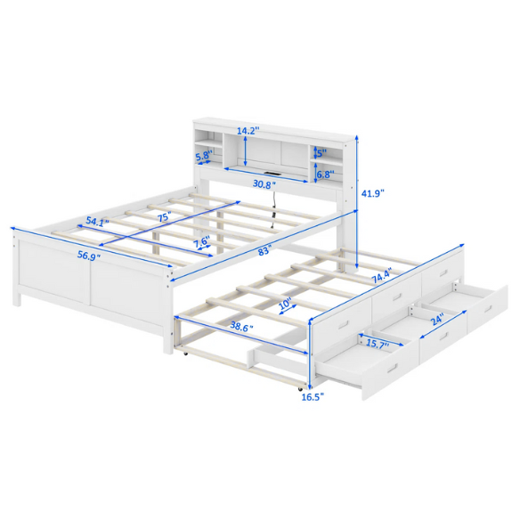 White full size platform bed with rectangular headboard featuring USB ports, three underbed drawers, and a pull-out twin trundle bed for added sleeping space.

