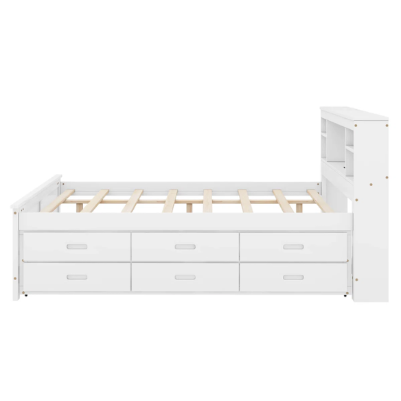 White full size platform bed with rectangular headboard featuring USB ports, three underbed drawers, and a pull-out twin trundle bed for added sleeping space.

