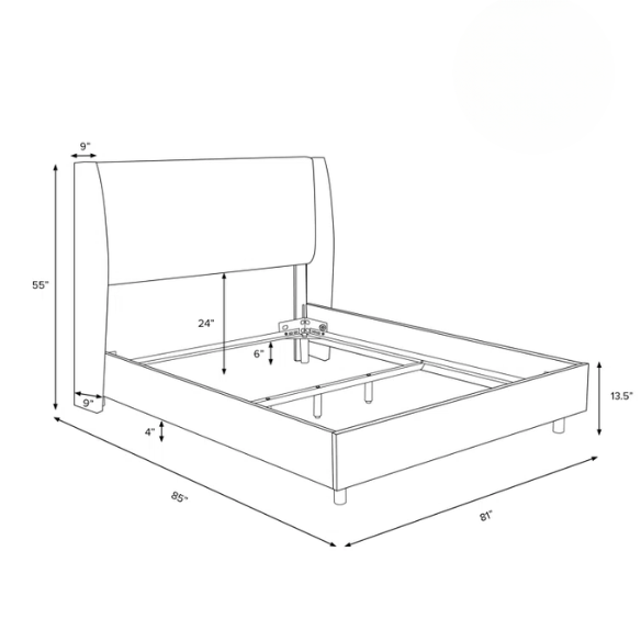 White king-size upholstered bed in twill fabric with wingback headboard and low-profile black metal legs.

