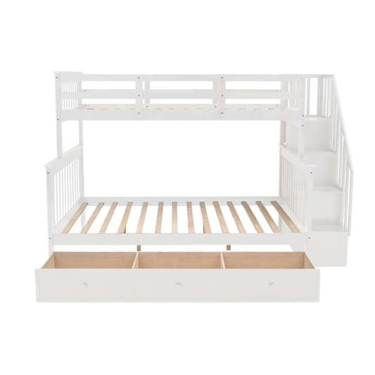 White twin over full bunk bed with stairs, built-in storage compartments, and three underbed drawers – solid wood frame ideal for children’s bedrooms

