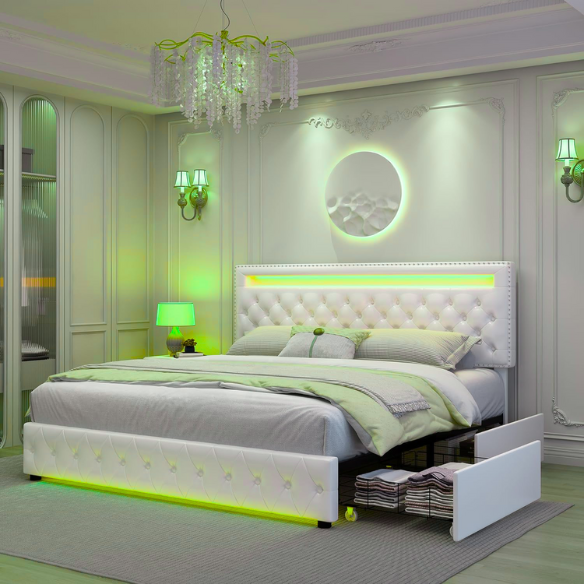 Full size platform bed upholstered in white velvet with button-tufted adjustable LED headboard, silver nailhead trim, and four underbed storage drawers on casters