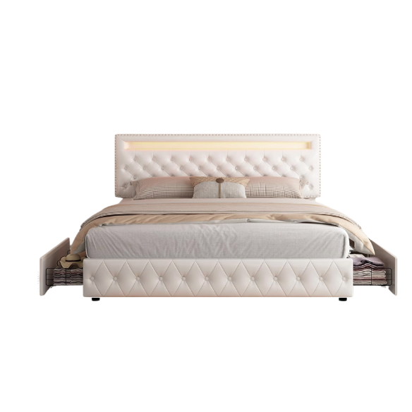 Full size platform bed upholstered in white velvet with button-tufted adjustable LED headboard, silver nailhead trim, and four underbed storage drawers on casters