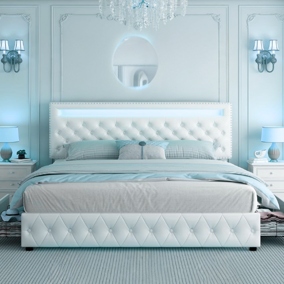 Full size platform bed upholstered in white velvet with button-tufted adjustable LED headboard, silver nailhead trim, and four underbed storage drawers on casters