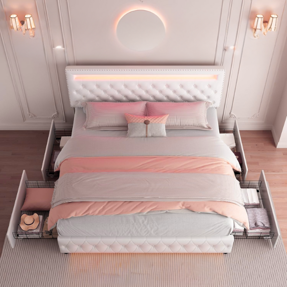 Full size platform bed upholstered in white velvet with button-tufted adjustable LED headboard, silver nailhead trim, and four underbed storage drawers on casters