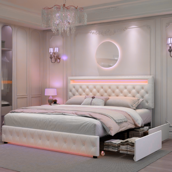 Full size platform bed upholstered in white velvet with button-tufted adjustable LED headboard, silver nailhead trim, and four underbed storage drawers on casters
