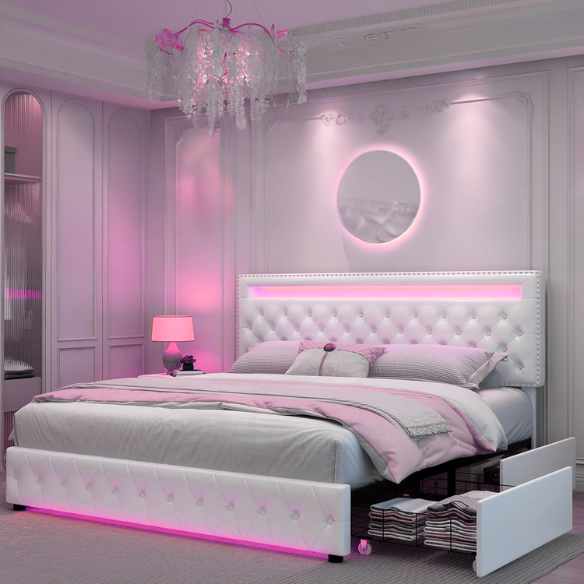 Full size platform bed upholstered in white velvet with button-tufted adjustable LED headboard, silver nailhead trim, and four underbed storage drawers on casters