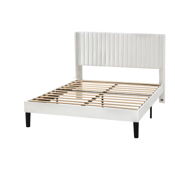 White velvet queen bed with tufted wingback headboard, 8-inch underbed clearance, and solid wood frame.


