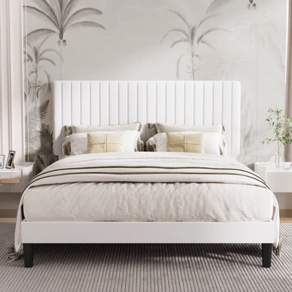 White velvet upholstered queen bed with tufted rectangular headboard and low-profile frame.

