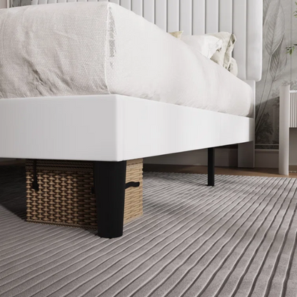 White velvet upholstered queen bed with tufted rectangular headboard and low-profile frame.

