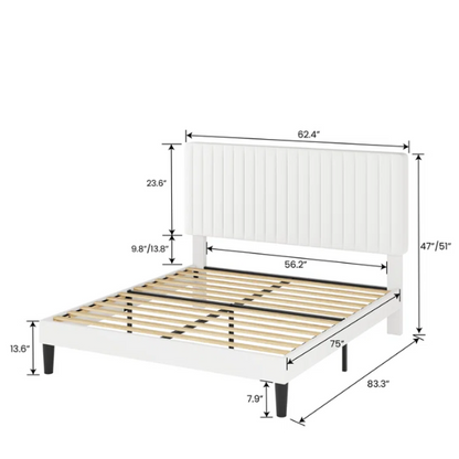 White velvet upholstered queen bed with tufted rectangular headboard and low-profile frame.


