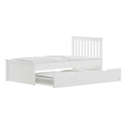 White solid wood twin bed with pull-out trundle, featuring modern slatted headboard and footboard – perfect for kids’ rooms, guests, and sleepovers.