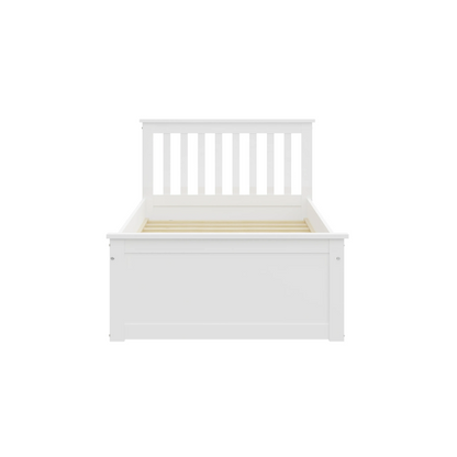 White solid wood twin bed with pull-out trundle, featuring modern slatted headboard and footboard – perfect for kids’ rooms, guests, and sleepovers.