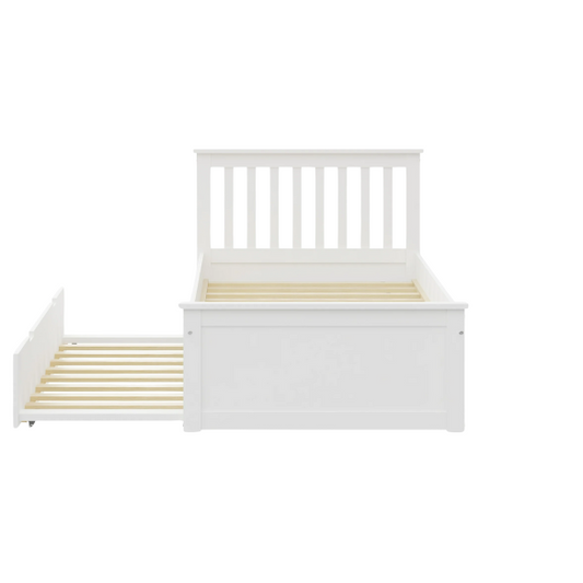 White solid wood twin bed with pull-out trundle, featuring modern slatted headboard and footboard – perfect for kids’ rooms, guests, and sleepovers.