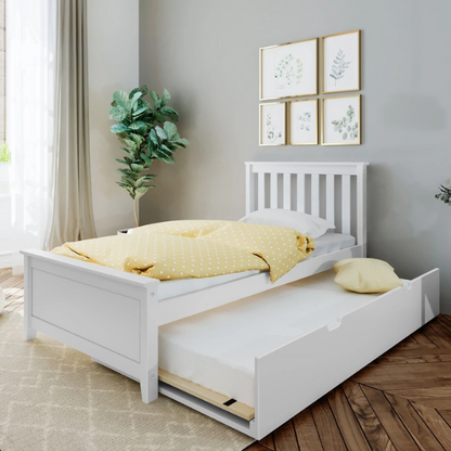 White solid wood twin bed with pull-out trundle, featuring modern slatted headboard and footboard – perfect for kids’ rooms, guests, and sleepovers.
