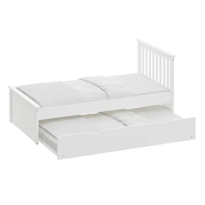 White solid wood twin bed with pull-out trundle, featuring modern slatted headboard and footboard – perfect for kids’ rooms, guests, and sleepovers.