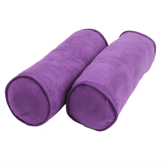 Set of 2 purple bolster throw pillows with soft microsuede covers, corded edges, and plush polyester fill, perfect for adding a touch of regal elegance and comfort to your home.

