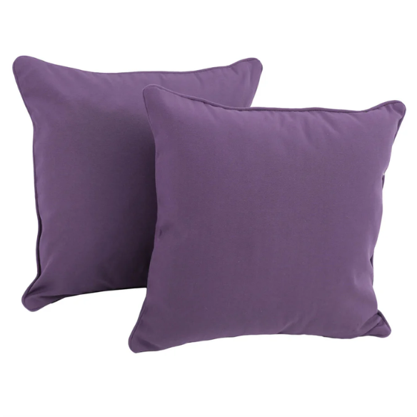 Set of two purple square throw pillows with corded edges and hidden zipper, ideal for modern or eclectic indoor décor

