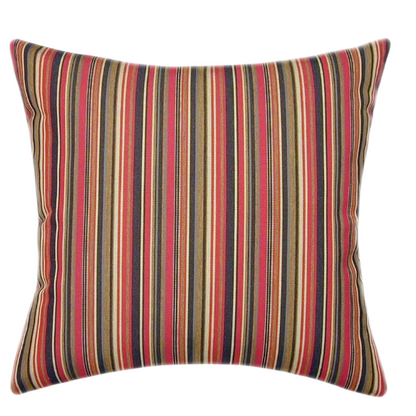 Striped accent pillow in red, brown, and gold – reversible, weather-resistant, and overstuffed with polyester fill for both indoor and outdoor use.

