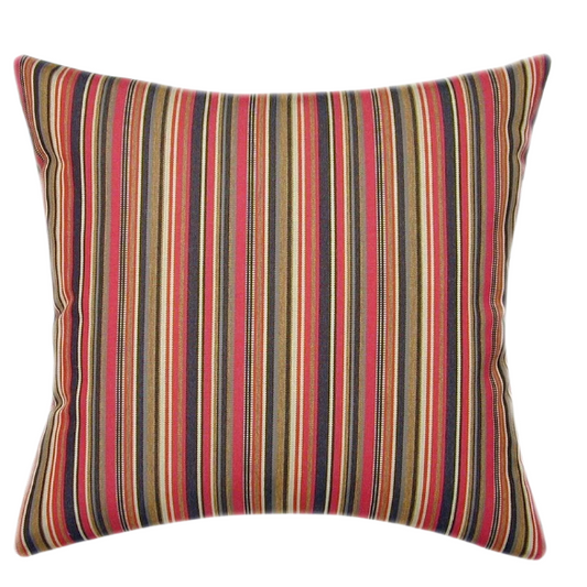 Striped accent pillow in red, brown, and gold – reversible, weather-resistant, and overstuffed with polyester fill for both indoor and outdoor use.

