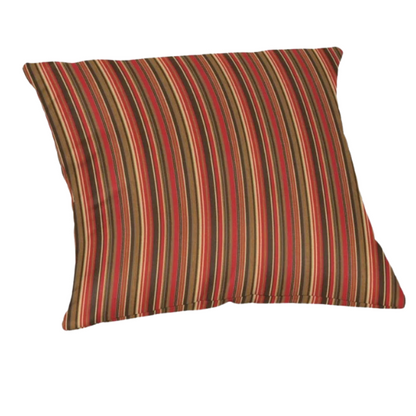 Striped accent pillow in red, brown, and gold – reversible, weather-resistant, and overstuffed with polyester fill for both indoor and outdoor use.

