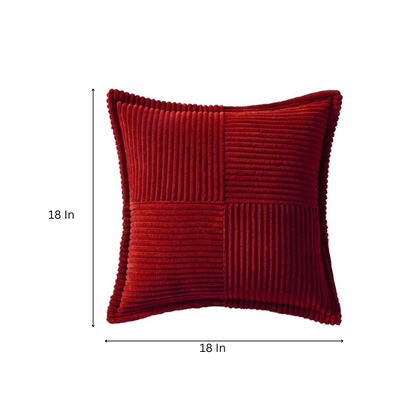 Modern red corduroy pillow cover with geometric striped pattern, square shape, and zipper closure. Ideal for home décor, living rooms, offices, and outdoor patios.