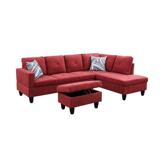 Red L-shaped sectional sofa with right-facing chaise and ottoman, microfiber upholstery and light gray wooden legs
