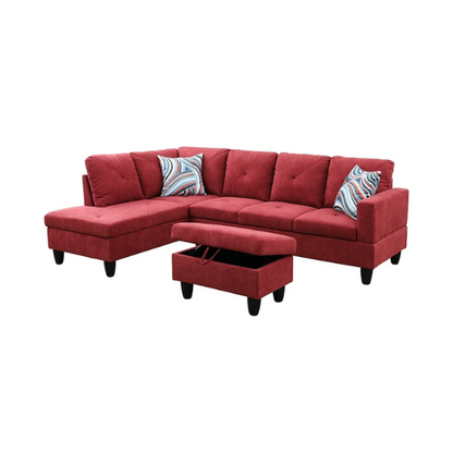 Red L-shaped sectional sofa with right-facing chaise and ottoman, microfiber upholstery and light gray wooden legs