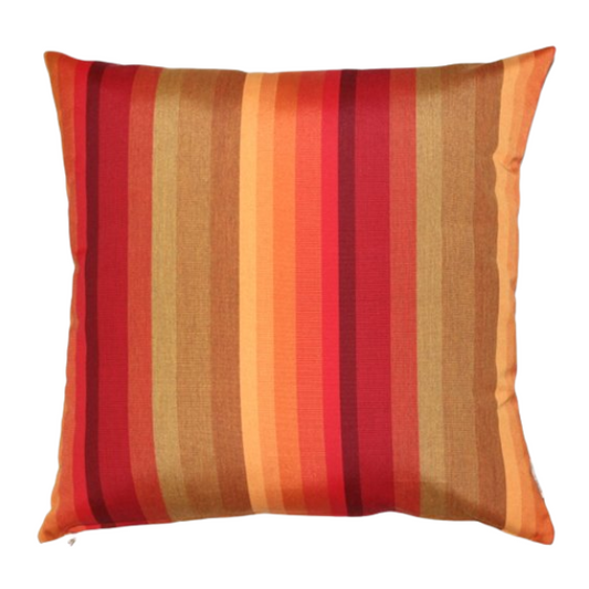 Striped accent pillow in red, orange, and brown – reversible, weather-resistant, and overstuffed for cozy indoor or outdoor décor.

