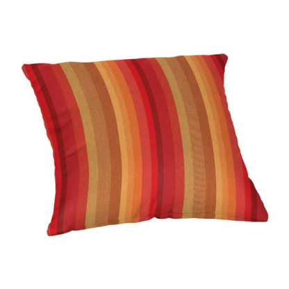 Striped accent pillow in red, orange, and brown – reversible, weather-resistant, and overstuffed for cozy indoor or outdoor décor.

