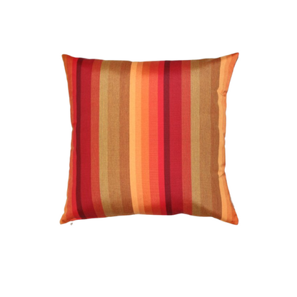 Striped accent pillow in red, orange, and brown – reversible, weather-resistant, and overstuffed for cozy indoor or outdoor décor.

